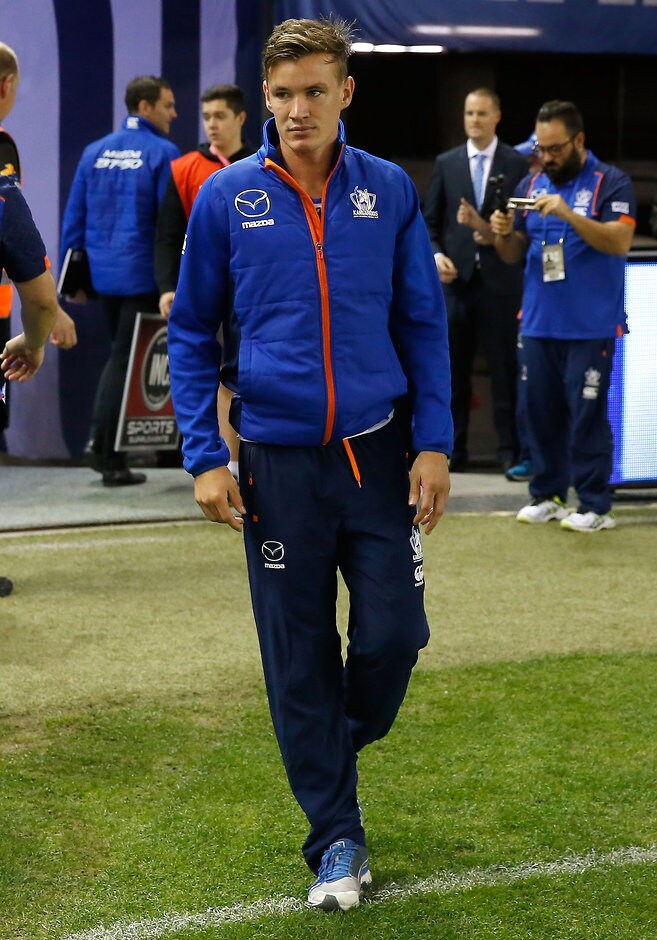 AFL 2016 Rd 06 - North Melbourne v Western Bulldogs MELBOURNE, AUSTRALIA - APRIL 29: Kayne Turner of the Kangaroos looks on after sustaining and injury during the 2016 AFL Round 06 match between the North Melbourne Kangaroos and the Western Bulldogs at Etihad Stadium, Melbourne on April 29, 2016. (Photo by Michael Willson/AFL Media)